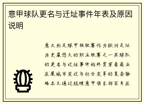 意甲球队更名与迁址事件年表及原因说明